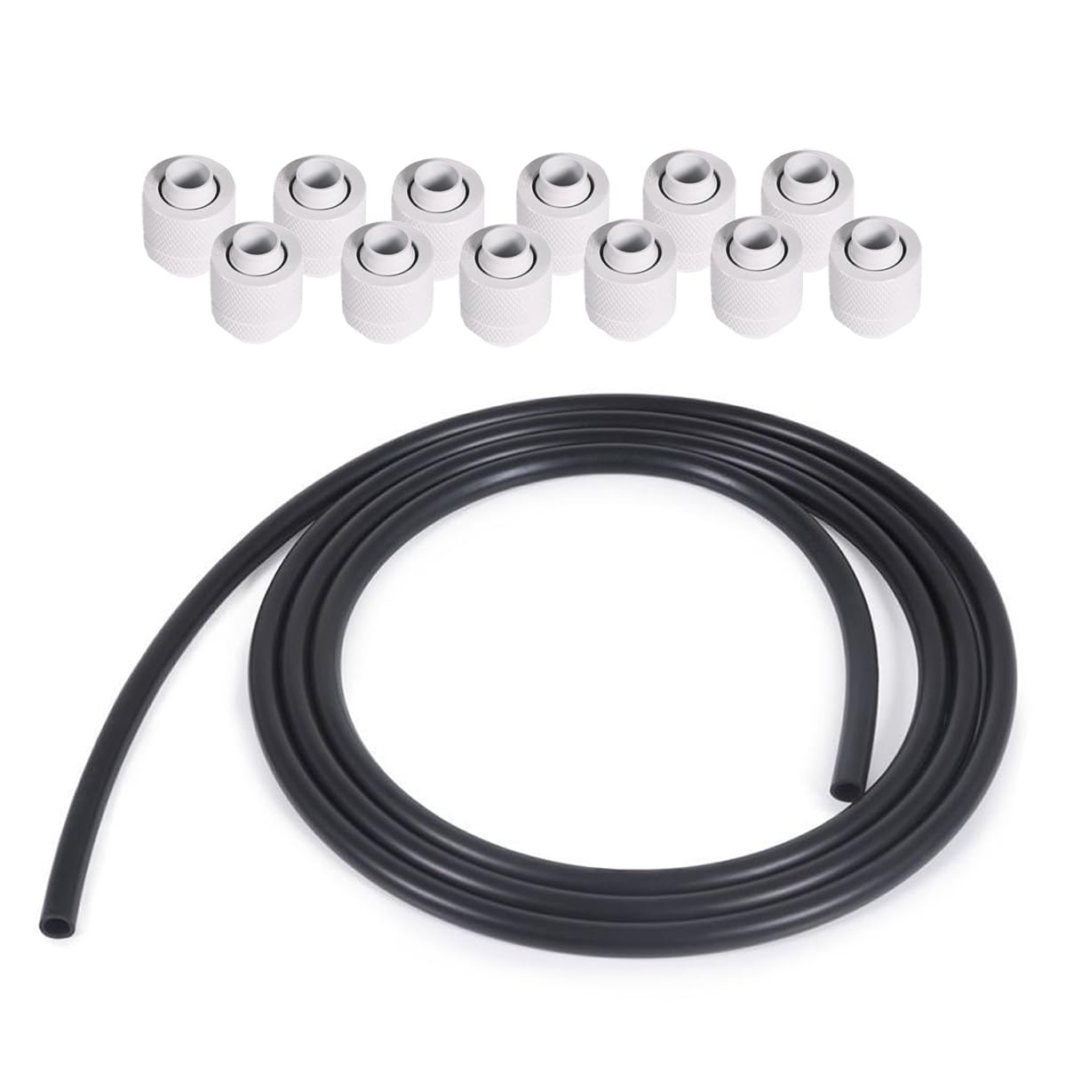 Alphacool Black EPDM Flexible Tubing (3 Meter) and Eiszapfen G1/4" to 10mm ID, 13mm OD Compression Fittings Bundle, White, 12-Pack