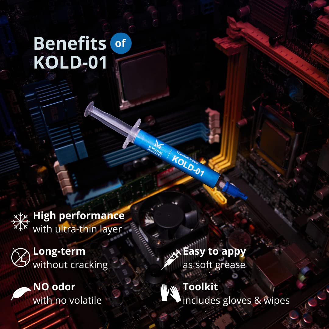 Kooling Monster KOLD-01 High-Performance Silicone Thermal Paste for CPU Cooling, Best Choice for Easy Spreading, Includes Gloves & Cleaning Wipes (1.4ml/3.6g)