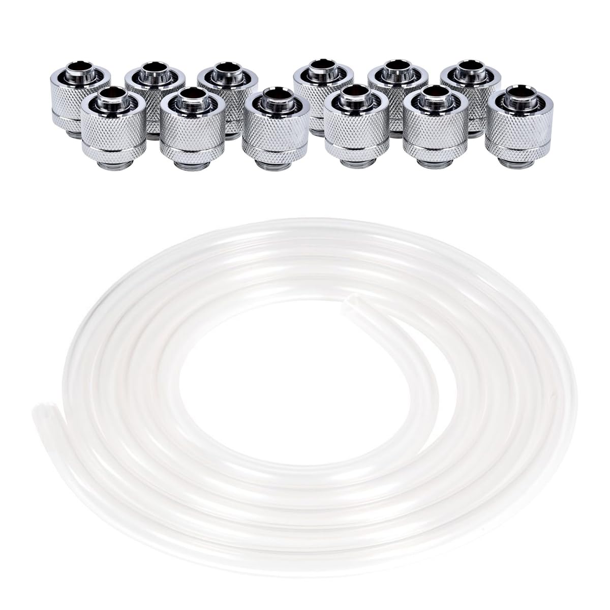 Alphacool Clear AlphaTube HF Flexible Tubing (3 Meter) and Eiszapfen G1/4" to 10mm ID, 16mm OD Compression Fittings Bundle, Chrome, 12-Pack