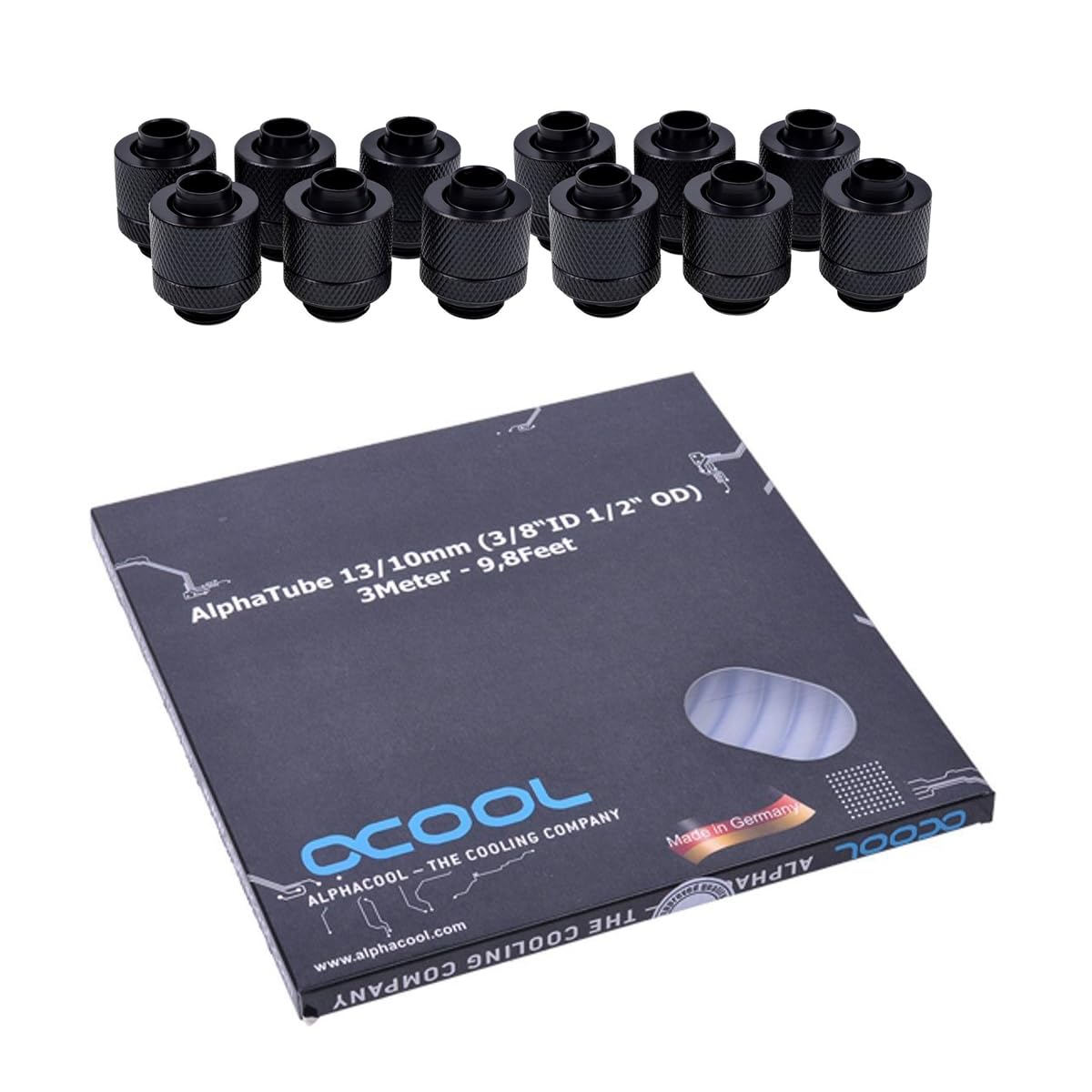 Alphacool Clear Alphatube HF Tubing (3 Meter) and Eiszapfen G1/4" to 10mm ID, 13mm OD Compression Fittings Bundle, Deep Black, 12-Pack