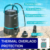 Aquastrong Sump Pump 1 HP Submersible Water Pump - High Flow Water Removal (10ft Power Cord)