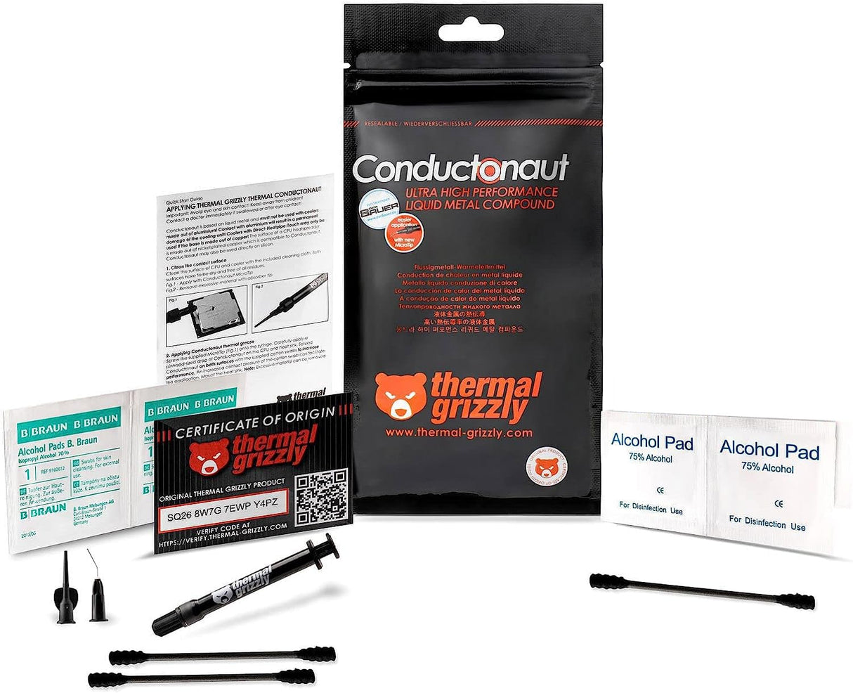 Thermal Grizzly Conductonaut Liquid Metal Thermal Grease - 1g Set with Extra Applicators for High-Performance CPU GPU Cooling (Conductonaut Combo)