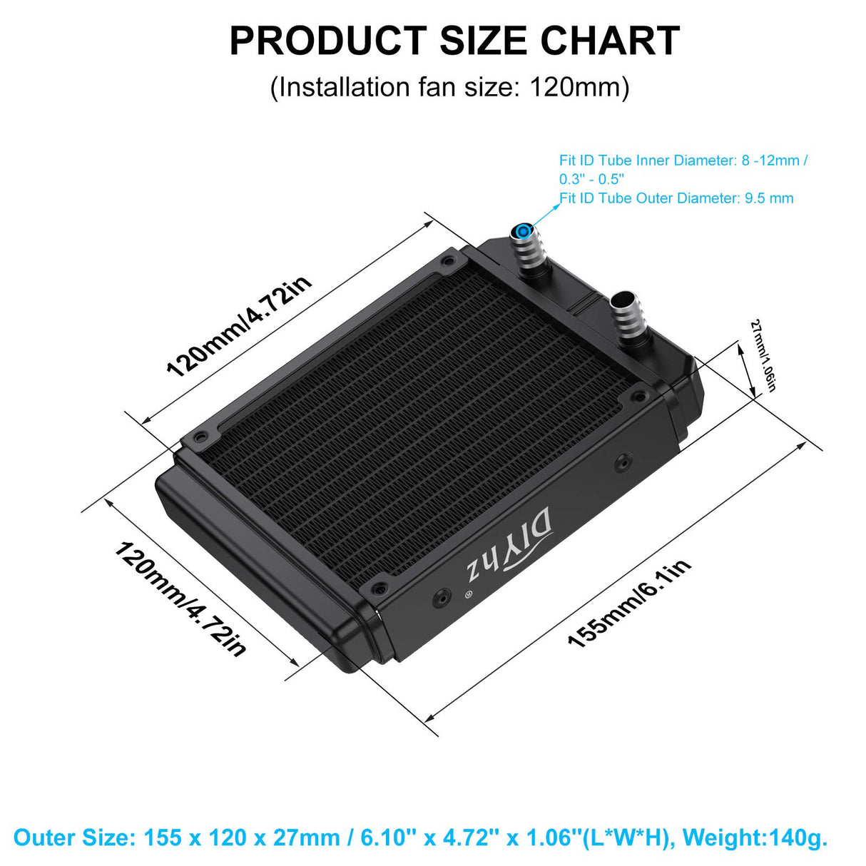 DIYhz Water Cooling Radiator Aluminum 12 Pipe Heat Exchanger 120mm for CPU PC Black