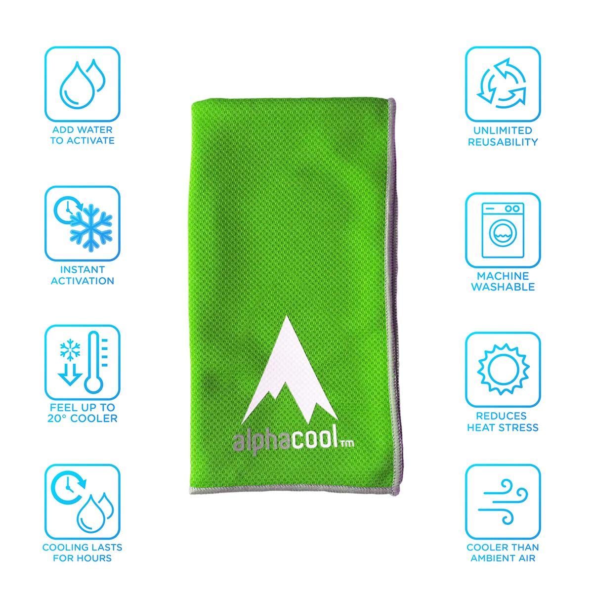 AlphaCool Mesh Instant Cooling Towel for Neck and Face, Cold Towel for Hot Weather, Sports, Gym, Camping, Travel Hi-Vis Green